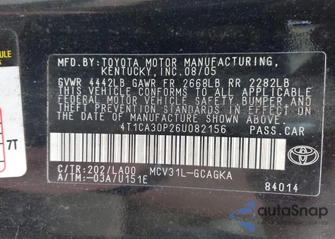 2006 Toyota Camry Solara Sle V6 из США, поврежденный, VIN 4T1CA30P26U082156